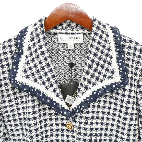 NWT St. John Collection Navy White Check Knit Jacket Soutache Polka Dot Trim 10 - Picture 6 of 9